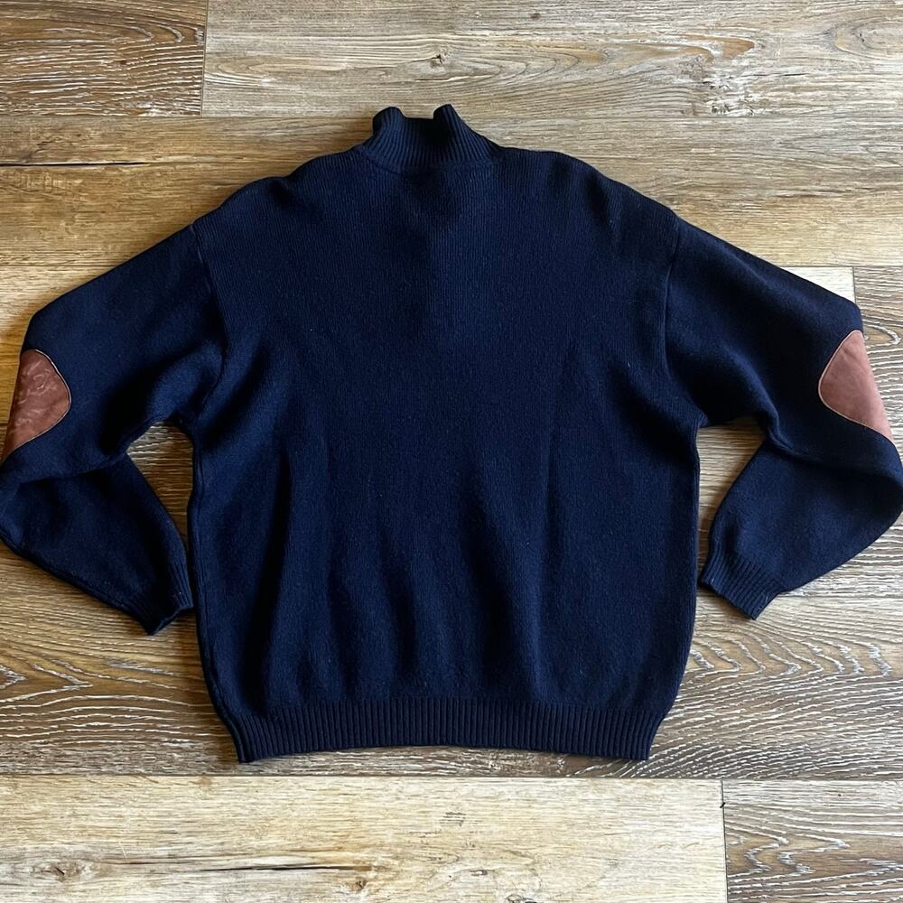 Tricots St Raphael Sweater L Navy 100% Merino Wool Elbow Patch Pullover Preppy - Picture 5 of 7